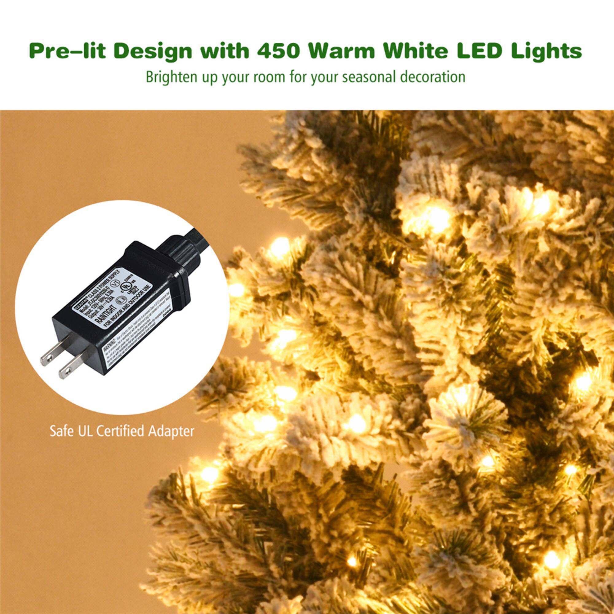 Costway 7.5ft. Pre-Lit Snow-Flocked Artificial Christmas Tree, Warm White LED Lights